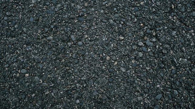A angle view of a dark asphalt road surface with small pebbles and stones embedded in the bitumen, creating a rough and gritty texture
