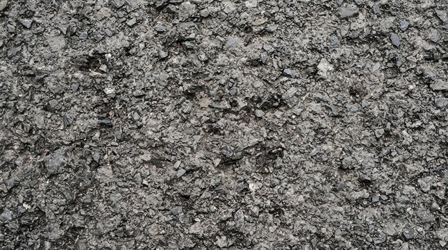 A close up view of a rough asphalt road surface showing dark grey crushed stones, gravel, and bitumen texture with irregular jagged patterns