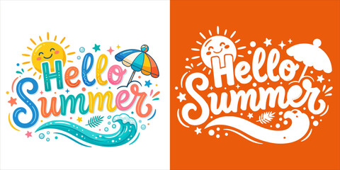 Hello summer lettering design with sun beach umbrella and waves vibrant vector illustration for seasonal greetings © Tanjina Akter