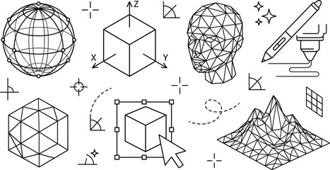 3D modeling wireframe geometric vector icon set featuring mesh shapes cube sphere head linear digital art CAD design © MD