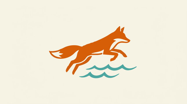 Stylized orange fox jumping over blue waves minimalist graphic illustration