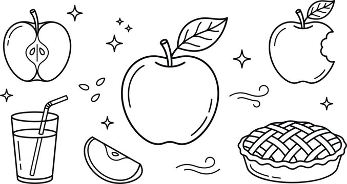Apple fruit pie juice glass straw half slice seed bitten harvest sweet dessert food thin line vector icons