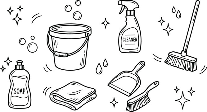Cleaning house hygiene bucket broom icon set vector illustration line art doodle with spray soap towel dustpan brush sparkle