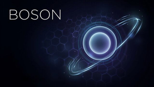 Glowing blue planet with rings and hexagonal pattern on dark background with boson text