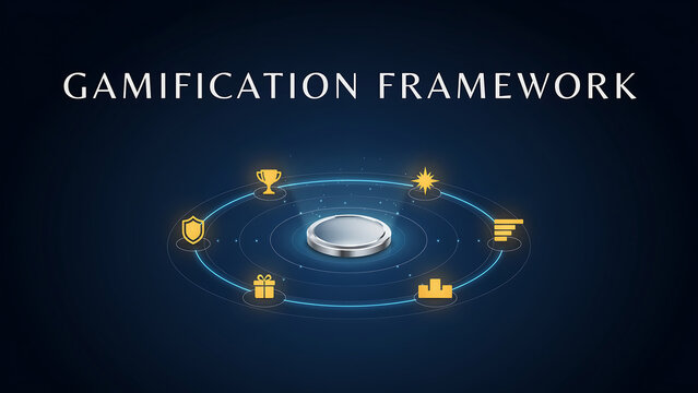 Gamification framework concept with icons and glowing elements on a dark blue background with white text