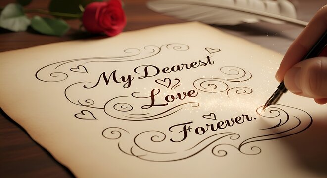 Hand writing a love letter with elegant calligraphy on aged parchment paper