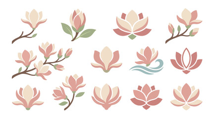 Collection of stylized magnolia flowers and buds in various arrangements and designs. © tr