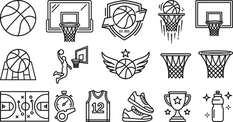 Basketball ball hoop net backboard court slam dunk jersey whistle sneakers trophy bottle thin line vector icons © MD