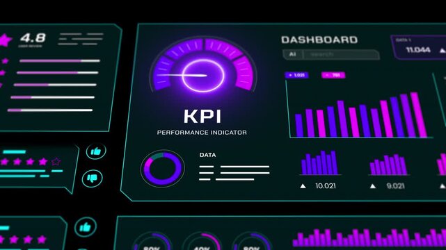 Advanced dashboard HUD tracking corporate key performance metrics and statistical data information.