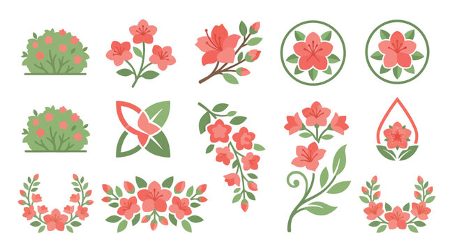 Collection of stylized coral pink azalea flowers and bushes in various decorative arrangements and icons.