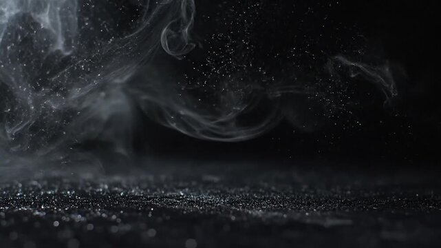 Atmospheric white smoke clouds and shimmering glitter particles floating over a black surface