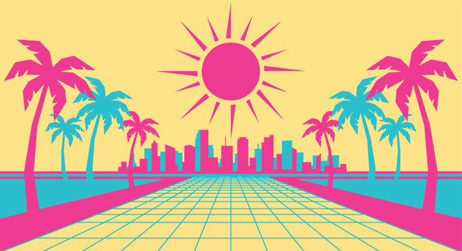 80s Miami Synthwave Daylight Flat Vector Background
