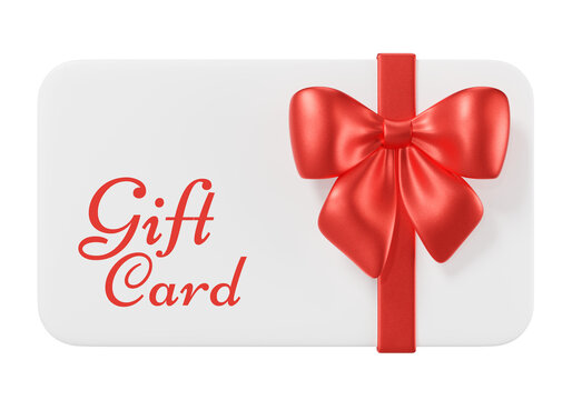 Elegant 3D gift card with a red ribbon bow on a clean white card. Perfect for holiday promotions, Christmas sales, birthday presents, online shopping, discount vouchers. 3d render
