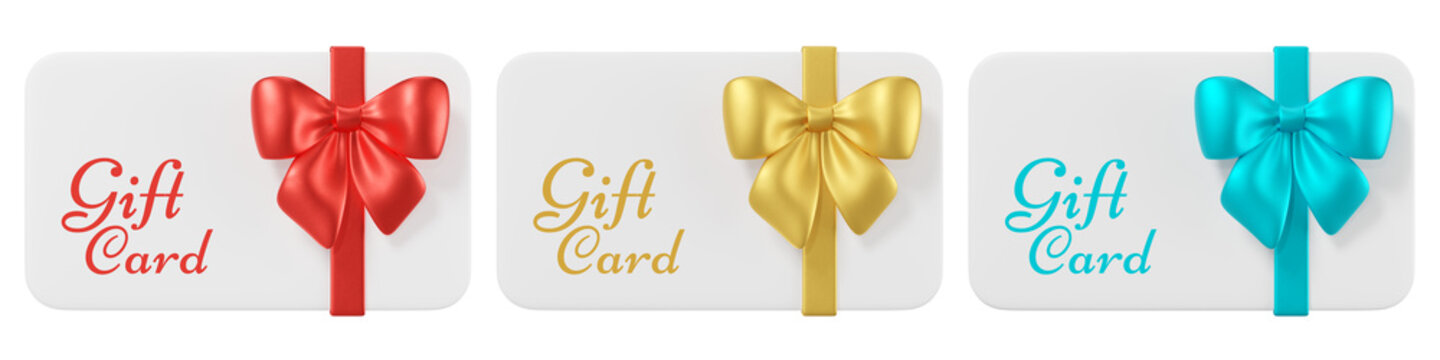 Set of Elegant 3D gift card with a gold, red, turquoise ribbon bow. Perfect for holiday promotions, Christmas sales, birthday presents, online shopping, discount vouchers. 3d render
