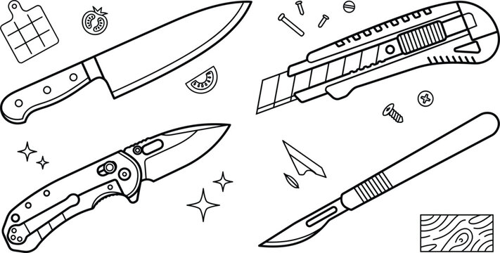 Kitchen Knife Folding Pocket Blade Utility Box Cutter and Scalpel Outline Icon Set