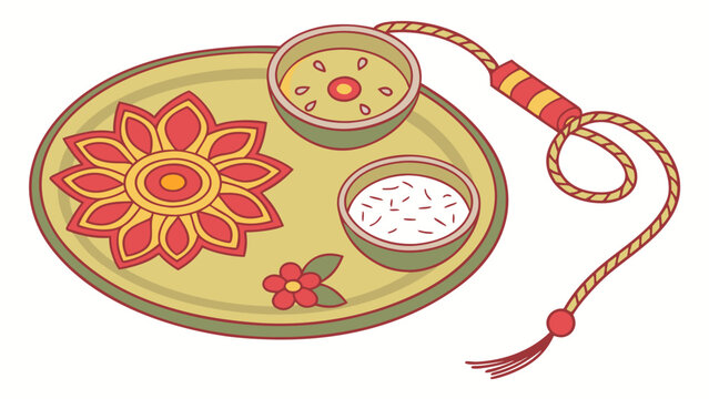 Colorful vector illustration of a traditional rakhi puja thali with rice and tilak bowls for the festive indian holiday celebration