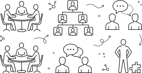 Fototapeta premium Business communication line icon set featuring team meeting organization hierarchy corporate structure dialogue conversation and puzzle problem solving