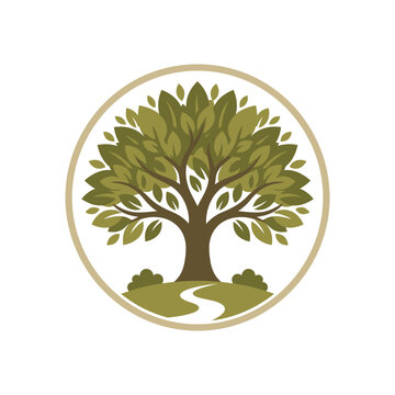 Circular tree logo with path and leaves.