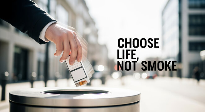 Choose life not smoke poster with hand discarding a cigarette into a public bin for anti smoking awareness banner and urban health campaign background