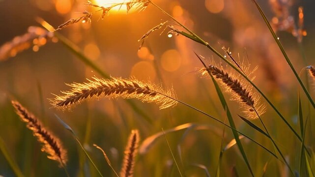 Golden grass field macro sweep gentle wind seed heads dancing warm light serene natural scenery