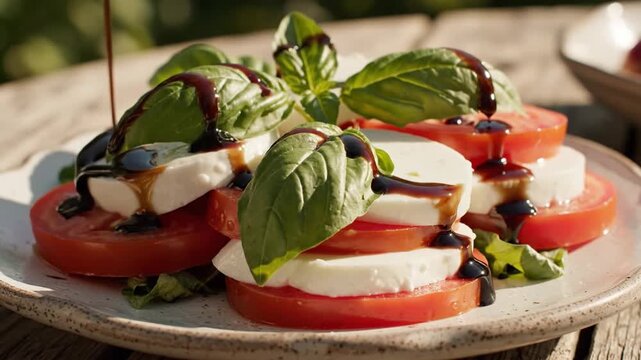 Balsamic glaze drizzled over fresh caprese salad with mozzarella slices and tomato on a plate