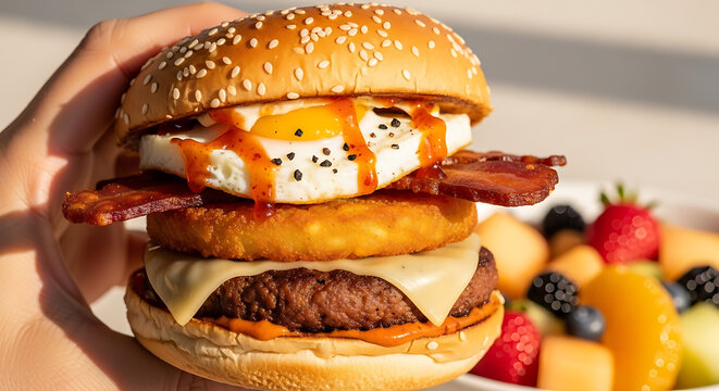 Breakfast Burger With Tofu Egg Tempeh Bacon And Hash Brown