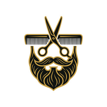 Barbershop logo with beard scissors and hair comb.