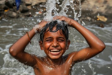 Fototapeta premium A happy guy washing hair bathing accessories happiness.