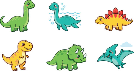 Set of Cute Cartoon Dinosaurs Including T-Rex, Triceratops, and Pterodactyl for Children's Educational Projects, Storybooks, Nursery Wall Decor, and Prehistoric Themed Designs © MdSohanurRahman