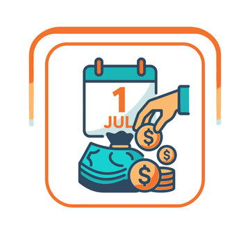 July first calendar icon with money and coins.