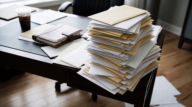 Large stack of envelopes and paperwork on an office desk representing heavy workload and administrative backlog.