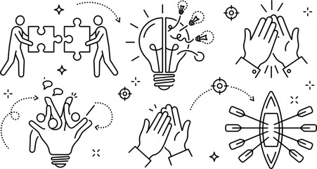 Business teamwork line icon set featuring puzzle solution brainstorming lightbulb hands high five applause and rowing boat collaboration © MD