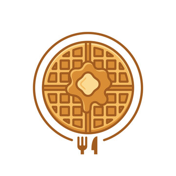 Round waffle logo with fork and knife emblem