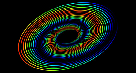 Abstract rainbow elliptical orbit made of colorful concentric lines creating a futuristic geometric background for technology, digital design, branding and creative projects. © Artem Kabushka