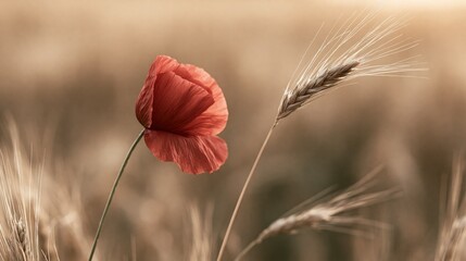Obraz premium Single Vibrant Red Poppy Flower in Golden Wheat Field at Sunrise with Soft Bokeh Background