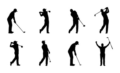 Naklejka premium Golf Swing Silhouettes Collection, Eight Dynamic Poses of Male Golfers in Action, Sport Vector Graphics for Athletic Concepts