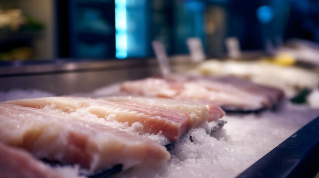 Fresh caught monkfish tails arranged on a bed of crushed ice at a supermarket seafood counter