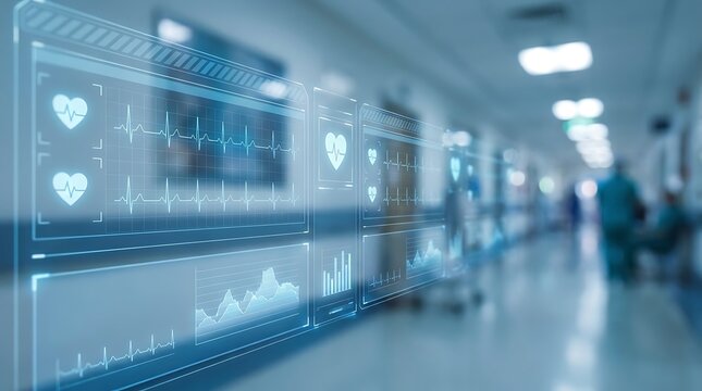 Futuristic hospital corridor with digital health data visualization and blurred medical professionals