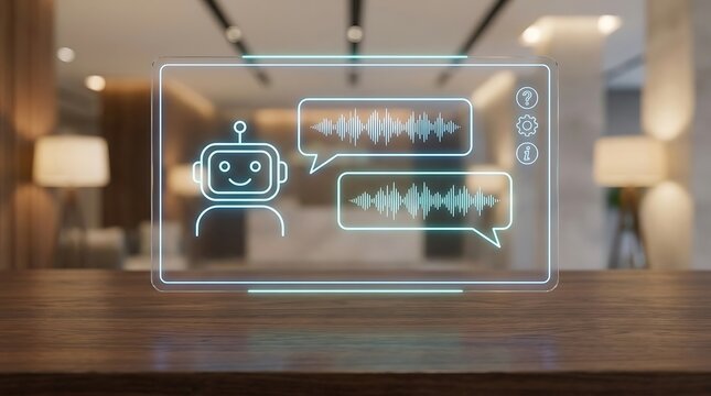 Ai chatbot interface with voice recognition display on wooden desk in modern interior setting