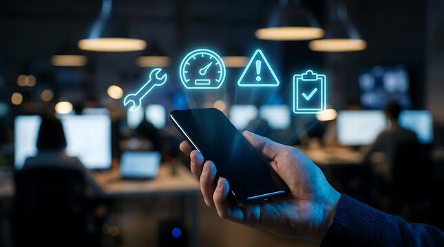 Mobile device management with neon icons system monitoring alerts and maintenance in a modern office