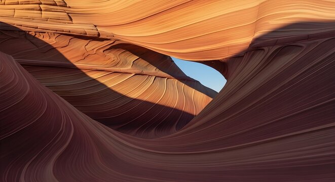 Eroded sandstone rock formation with smooth wavy layers and a glimpse of blue sky