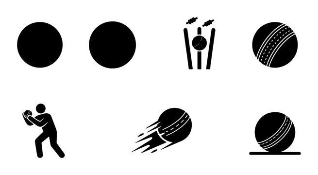 Cricket Sport Icons Set, Ball, Wicket, Player Silhouette, Action Motion, Simple Black Vector Graphics for Sports Websites and Apparel