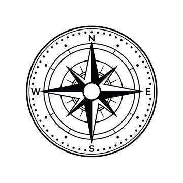 Minimalist black and white compass rose icon isolated on plain white background art.