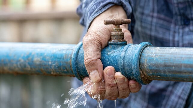 Close up of a hand turning off a leaky outdoor faucet on a rusty pipe, conserving water