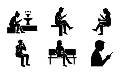 Silhouette People Using Smartphones in Public Spaces, Digital Connection Icons, Modern Lifestyle Vector Set