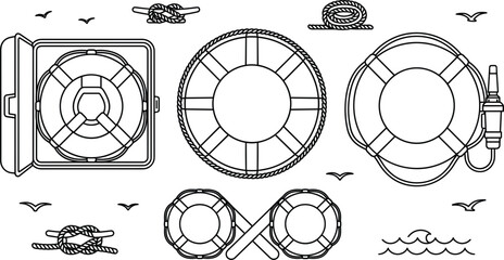 Marine Lifebuoy Ring and Nautical Safety Equipment Icon Set for Maritime Cruise Designs © PJ DeSign
