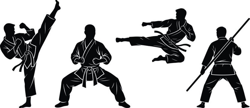Martial Arts Karate Fighter Action Pose Silhouette Set with Kick Punch and Staff