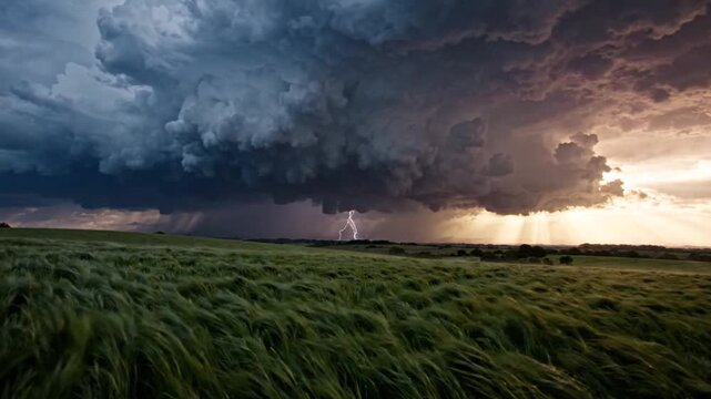 Storm Cloud with Lightning over Green Field