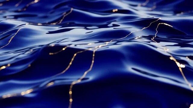 Abstract dark blue liquid waves with golden kintsugi veins rippling