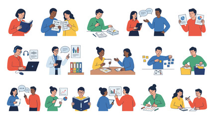 Fototapeta premium Business and Education Concepts Flat Illustration Vector Set with Diverse People Learning, Working, and Communicating